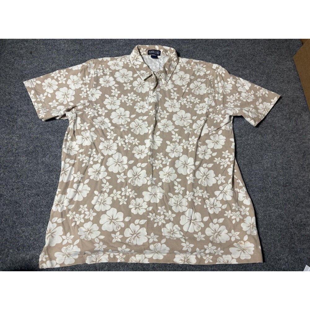 Lands' End Polo Shirt Mens XL Beige 100% Cotton Floral Hawaiian Knit Casual